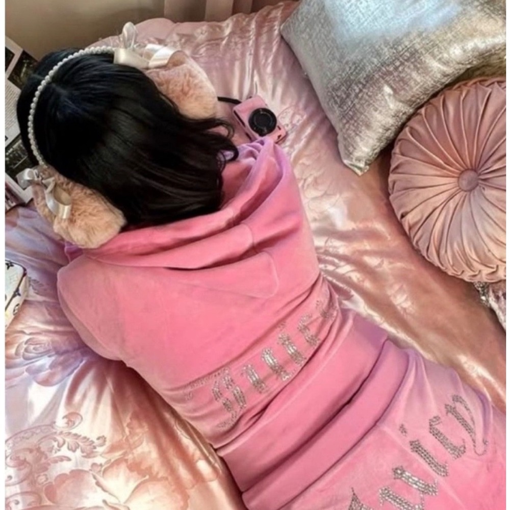 Juicy Couture Pink rose Velour Tracksuit Set Rhinestone Logo Hoodie Pants XL NEW - Picture 2 of 13
